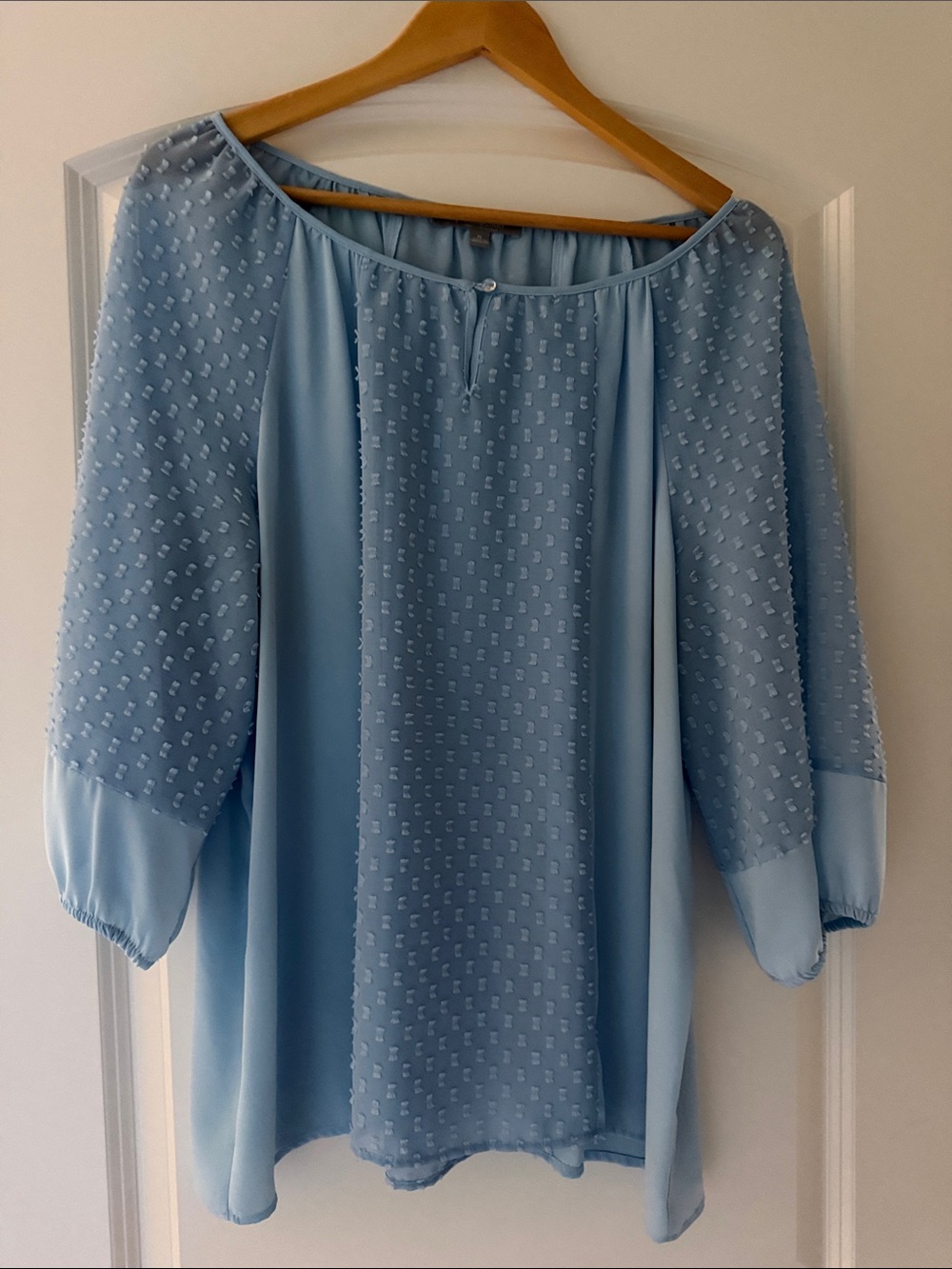 NY Collection Powder Blue Swiss Dot Peasant Blouse - Women Tops